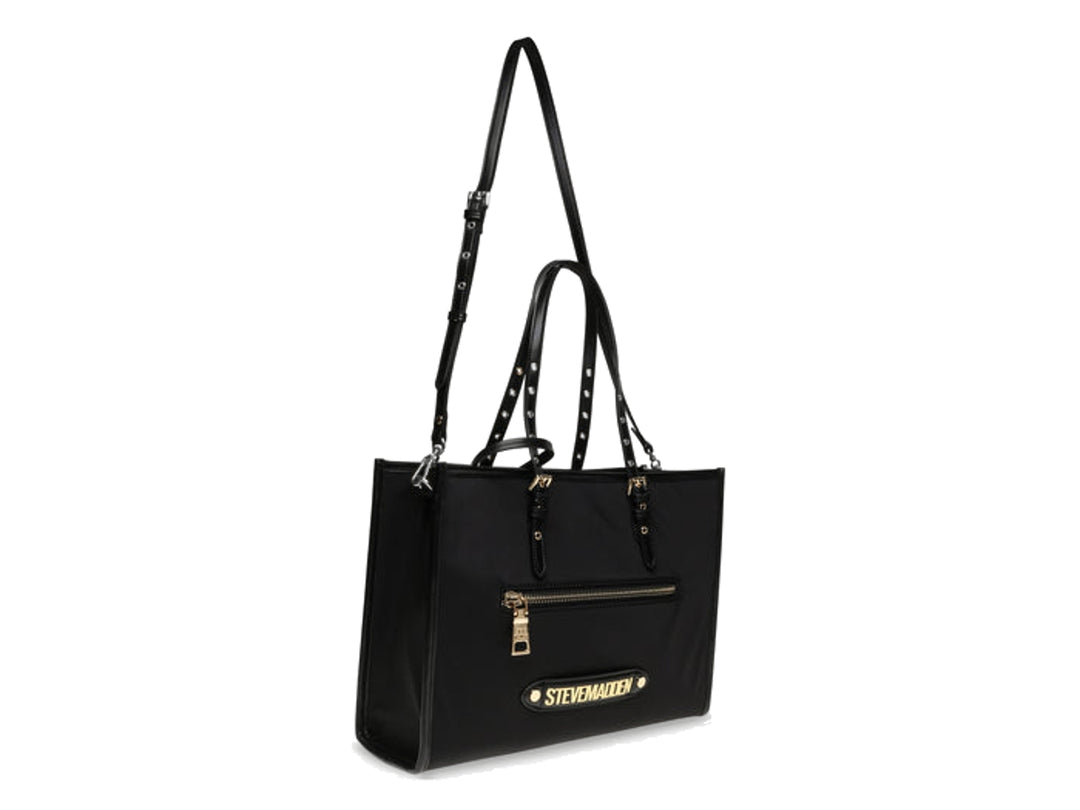 Bolso tote negro de Steve Madden con detalles y logotipo en color dorado.
