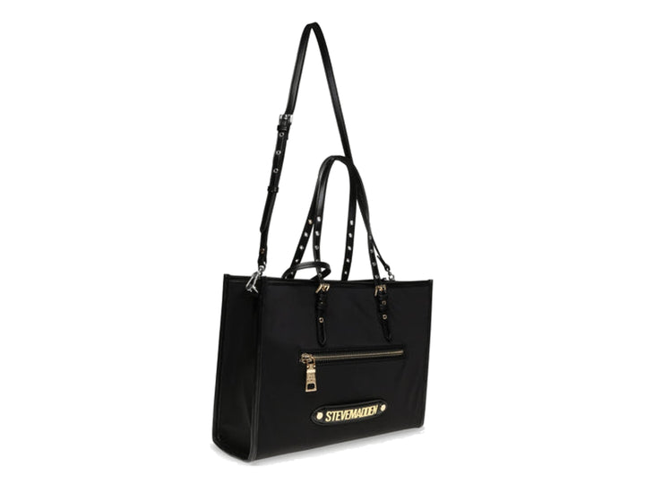 Bolso tote negro de Steve Madden con detalles y logotipo en color dorado.