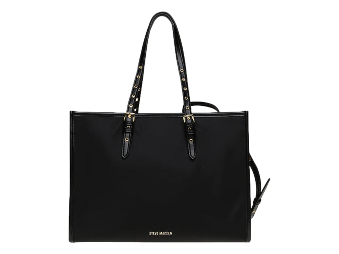 Bolso tote negro de Steve Madden con detalles y logotipo en color dorado.