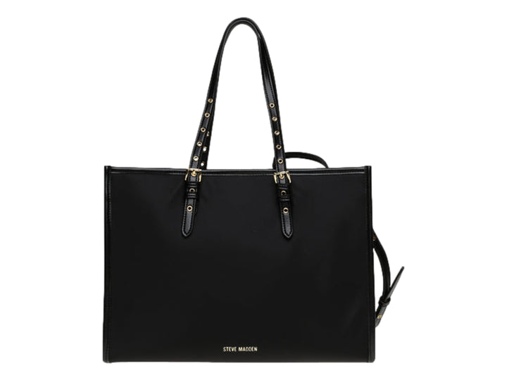 Bolso tote negro de Steve Madden con detalles y logotipo en color dorado.