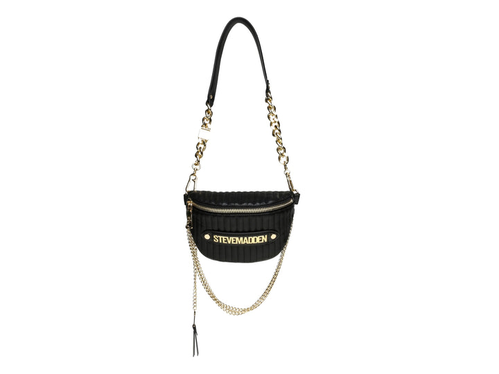 Bolso negro acolchado Steve Madden con detalles de cadena dorada y correa ajustable.