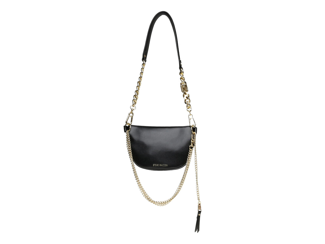 Bolso negro acolchado Steve Madden con detalles de cadena dorada y correa ajustable.