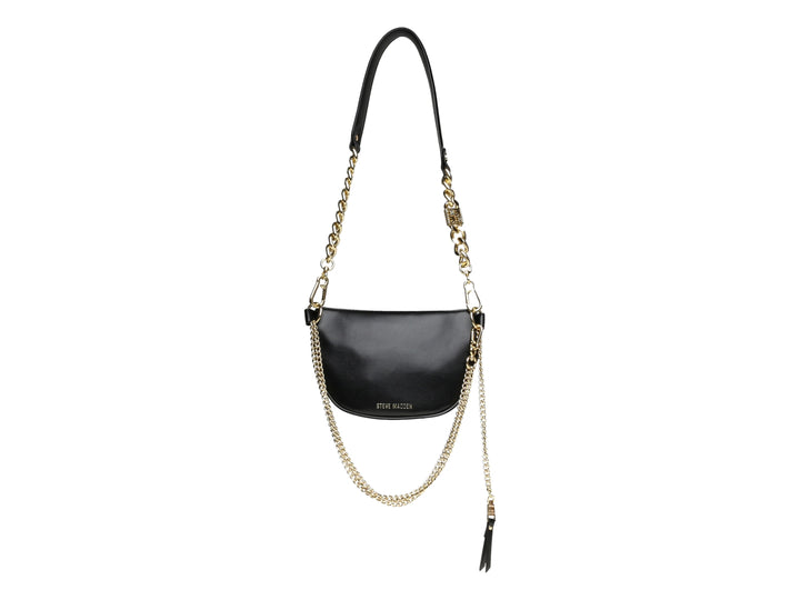 Bolso negro acolchado Steve Madden con detalles de cadena dorada y correa ajustable.