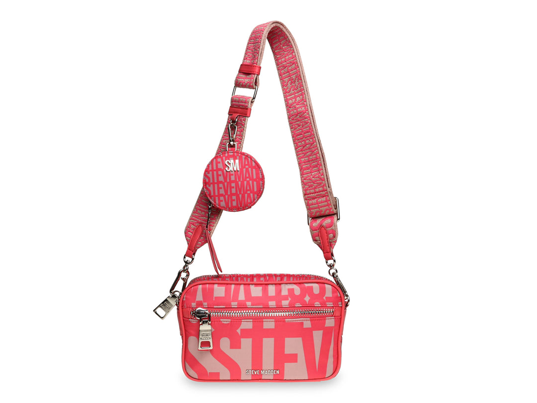 Bolso bandolera Steve Madden en color rojo con estampado de logotipo y correa ancha ajustable.