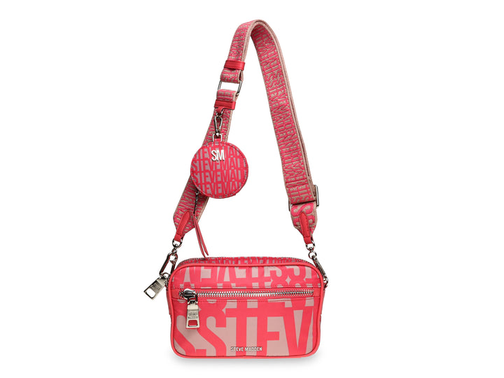 Bolso bandolera Steve Madden en color rojo con estampado de logotipo y correa ancha ajustable.