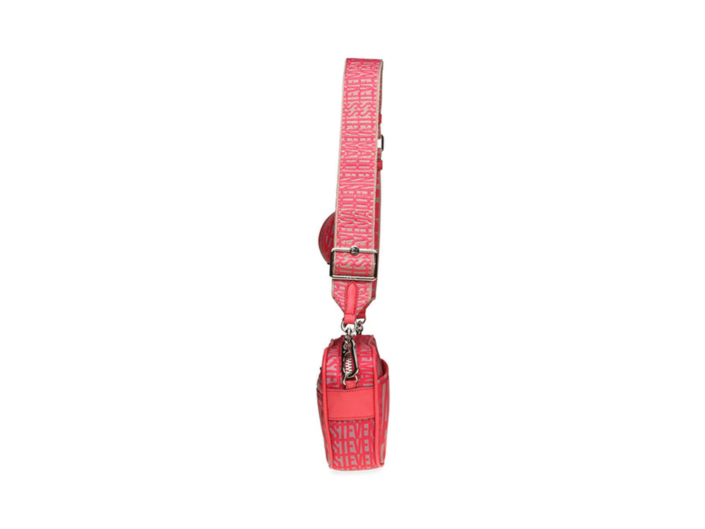 Bolso bandolera Steve Madden en color rojo con estampado de logotipo y correa ancha ajustable.