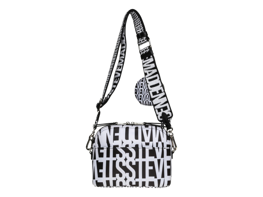 Bolso de hombro Steve Madden en color blanco y negro con estampado de letras, correa ancha y pequeño monedero circular.