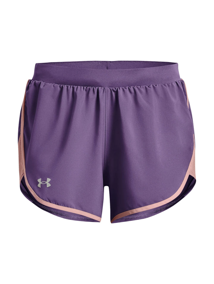 Shorts deportivos Under Armour color morado con ribete rosa para mujer.