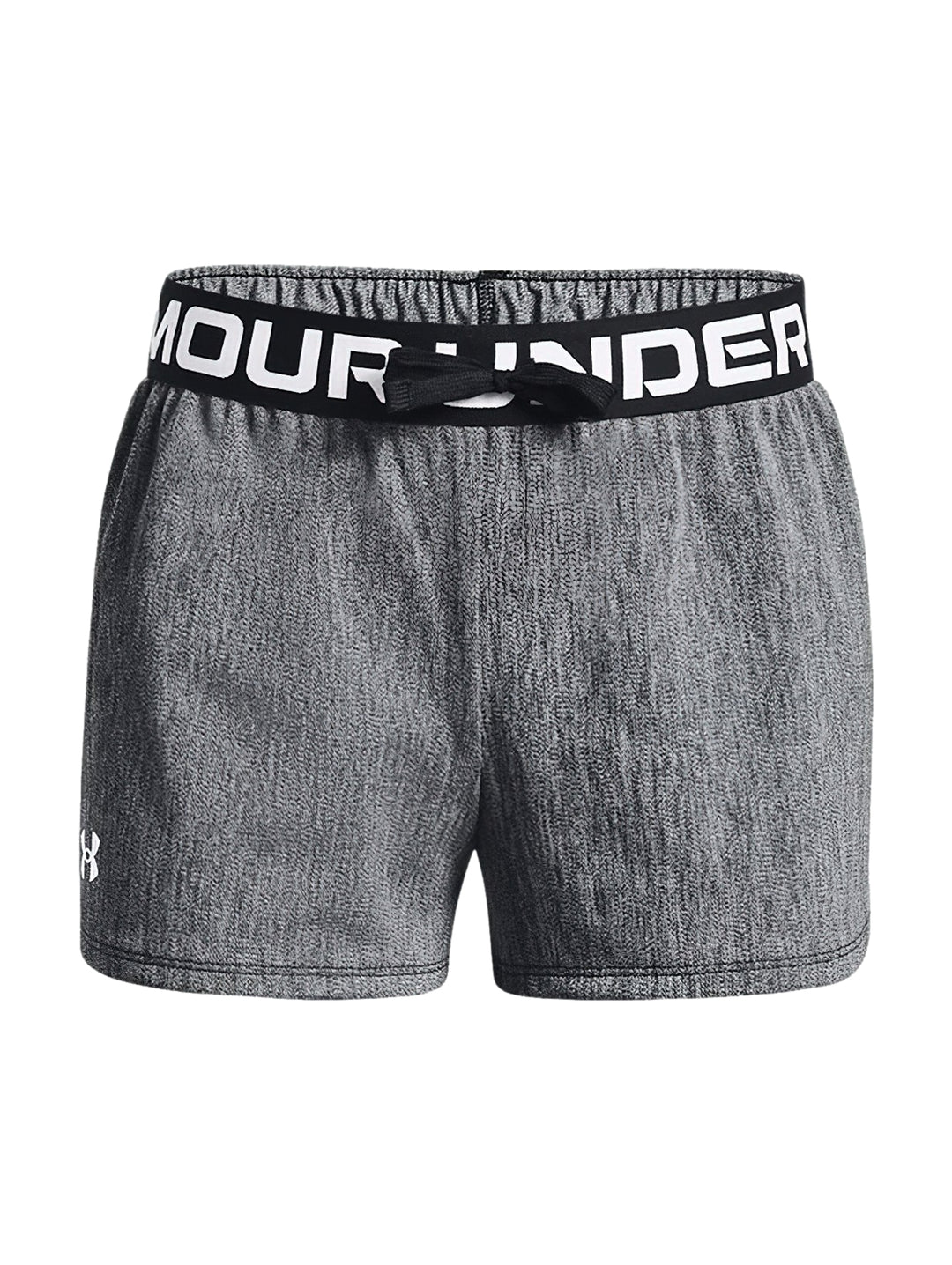 Pantalones cortos deportivos Under Armour en color gris jaspeado con pretina negra.