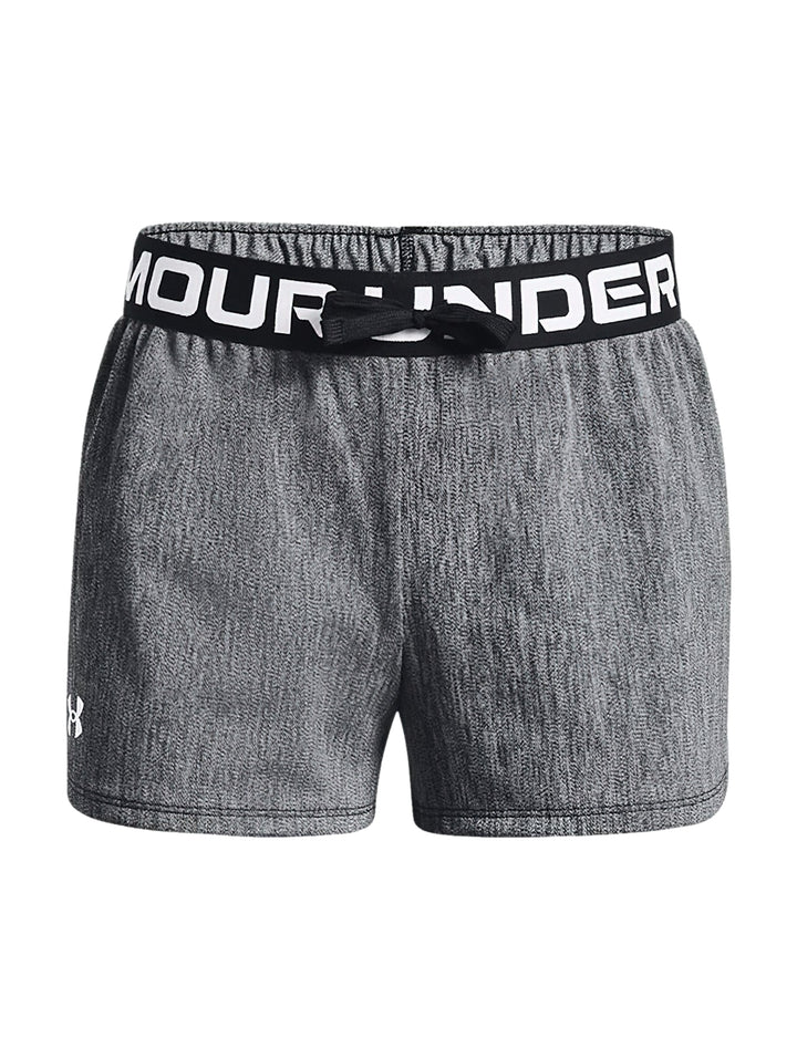 Pantalones cortos deportivos Under Armour en color gris jaspeado con pretina negra.