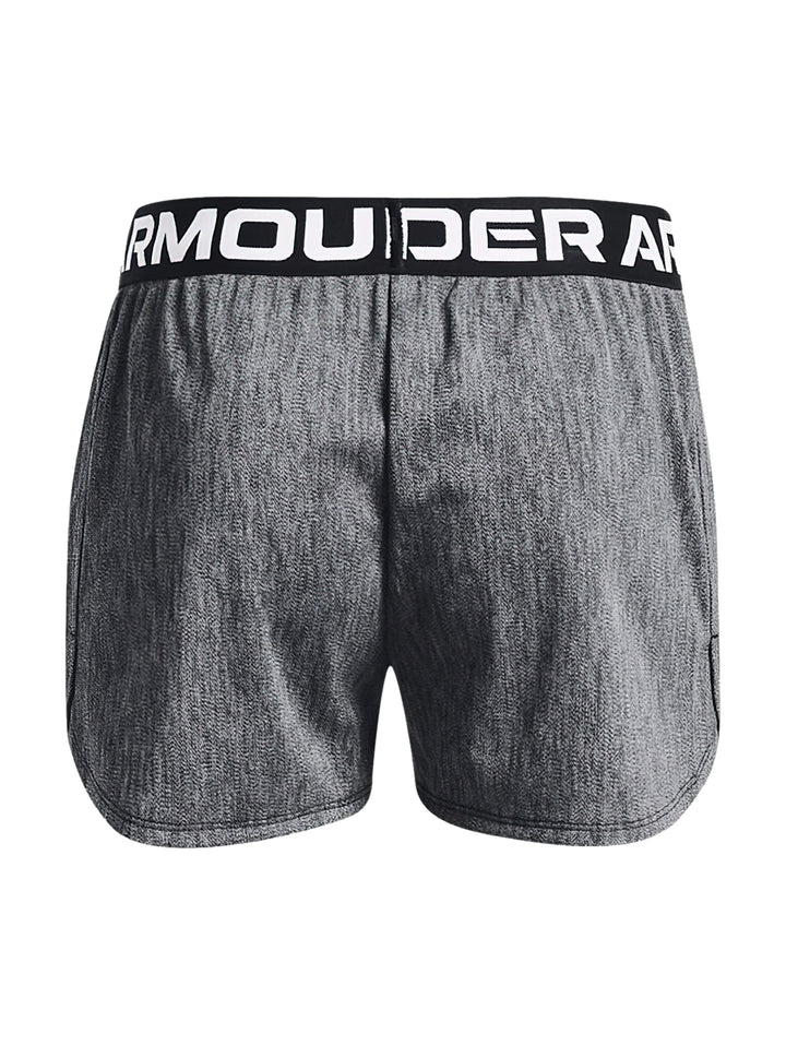Pantalones cortos deportivos Under Armour en color gris jaspeado con pretina negra.