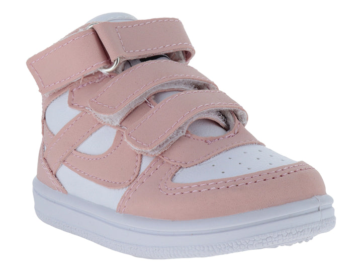 Tenis infantiles color rosa y blanco con tres correas de velcro y suela blanca.