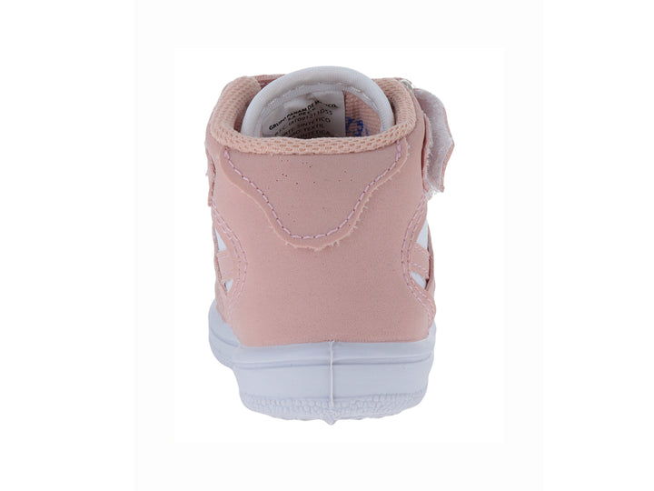 Tenis infantiles color rosa y blanco con tres correas de velcro y suela blanca.