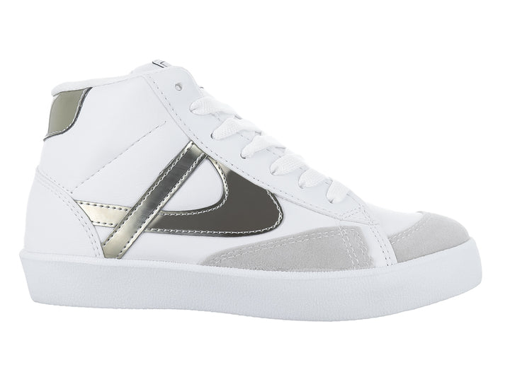 Tenis blancos marca Panam con detalles en color oro y gris, suela blanca y cordones.