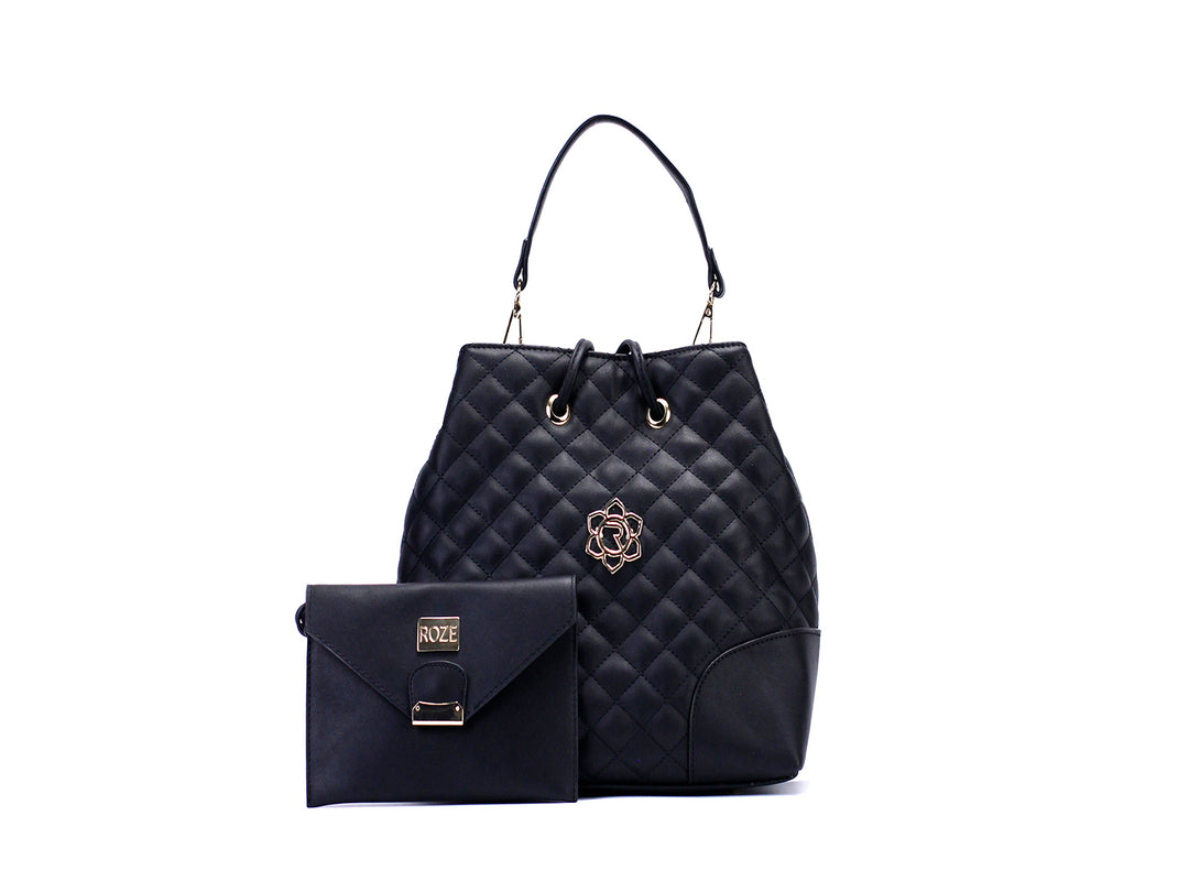 Set de bolso negro acolchado con asa y cartera pequeña a juego, marca ROZE.