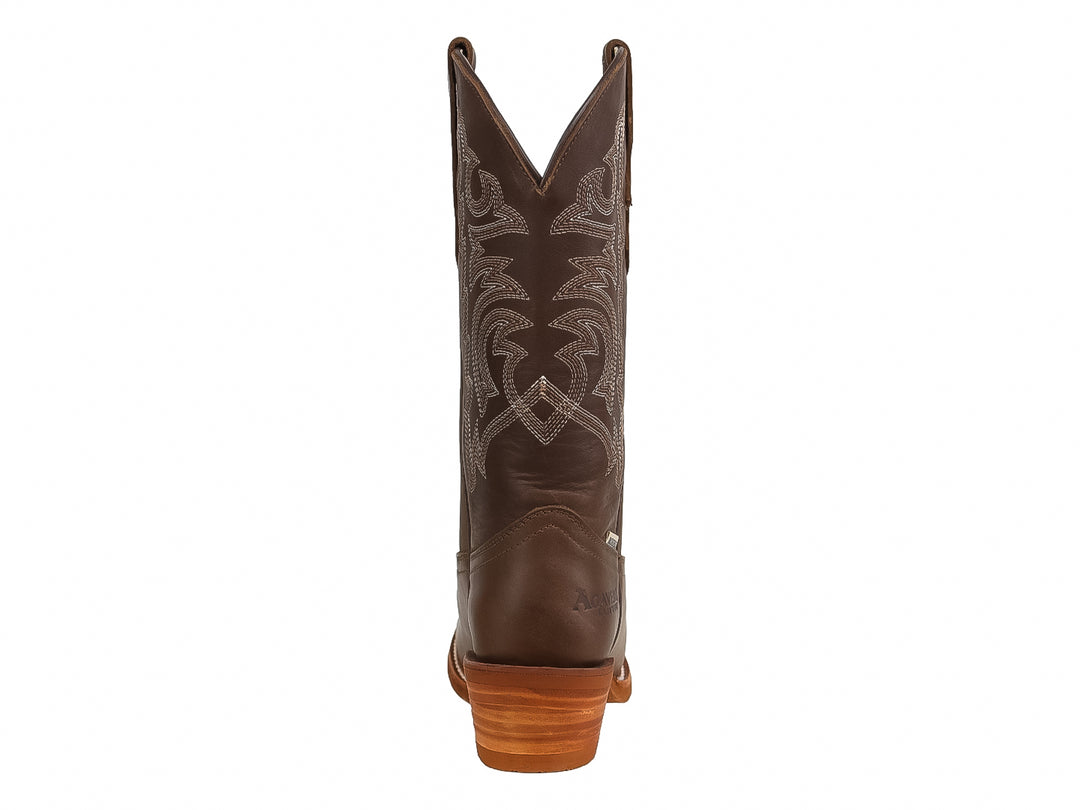 Bota vaquera para mujer color olivo grasso con detalles bordados y tacón marrón.