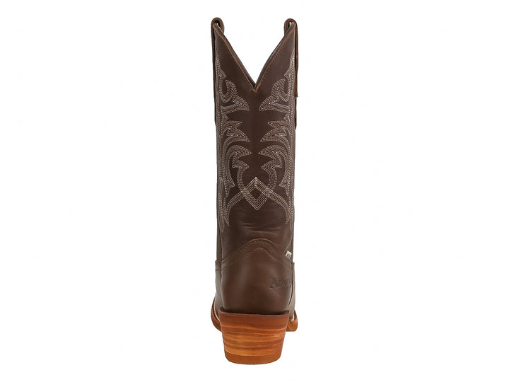 Bota vaquera para mujer color olivo grasso con detalles bordados y tacón marrón.
