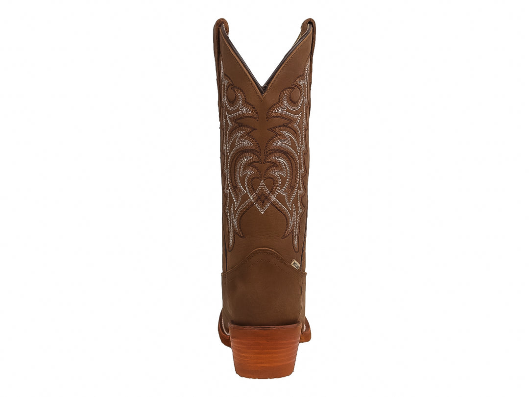 Bota vaquera para mujer color avellana con bordados decorativos y tacón cuadrado.
