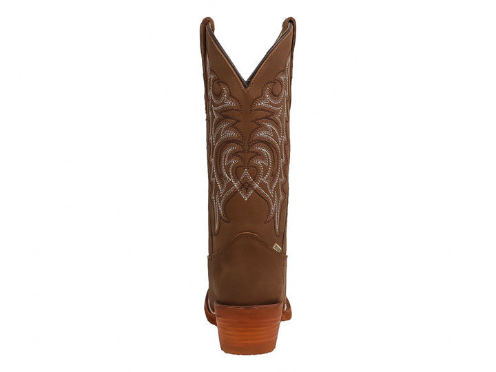 Bota vaquera para mujer color avellana con bordados decorativos y tacón cuadrado.