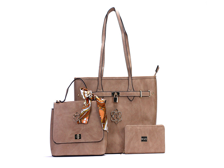 Set de tres piezas marca ROZE en color stone que incluye bolso de hombro, bolsa pequeña y cartera.