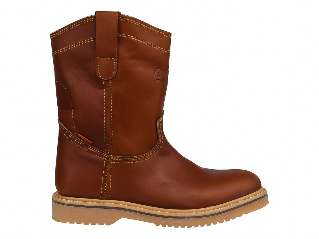 Bota de cuero color habana estilo roper con suela beige y costuras amarillas.