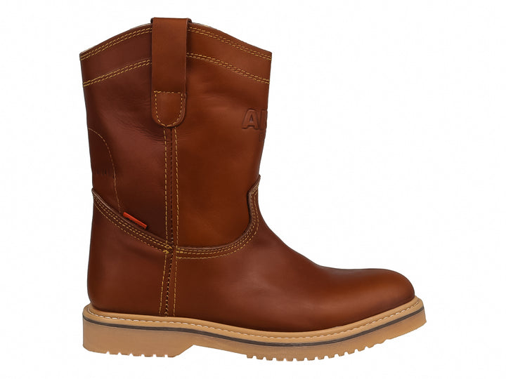 Bota de cuero color habana estilo roper con suela beige y costuras amarillas.