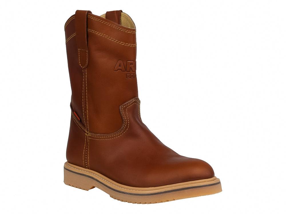 Bota de cuero color habana estilo roper con suela beige y costuras amarillas.