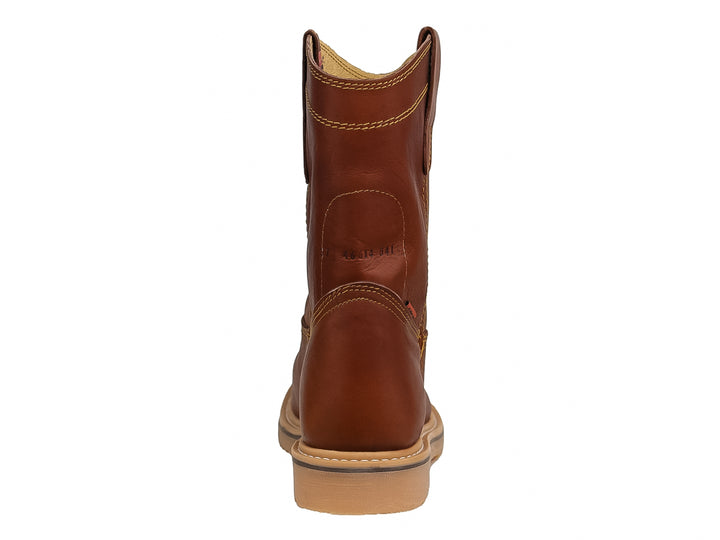 Bota de cuero color habana estilo roper con suela beige y costuras amarillas.