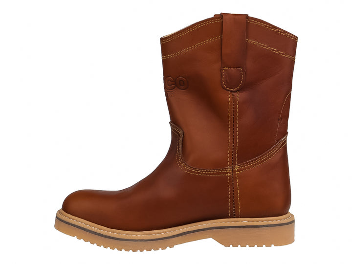 Bota de cuero color habana estilo roper con suela beige y costuras amarillas.