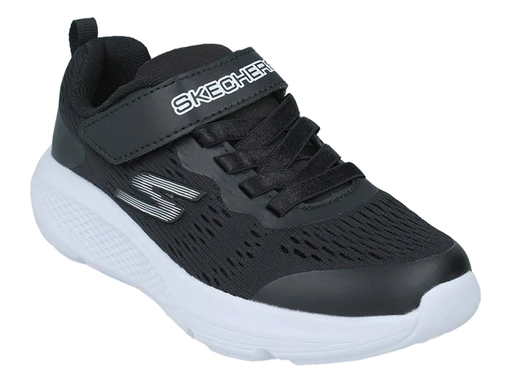 Tenis deportivos Skechers color negro con suela blanca y correa de ajuste.