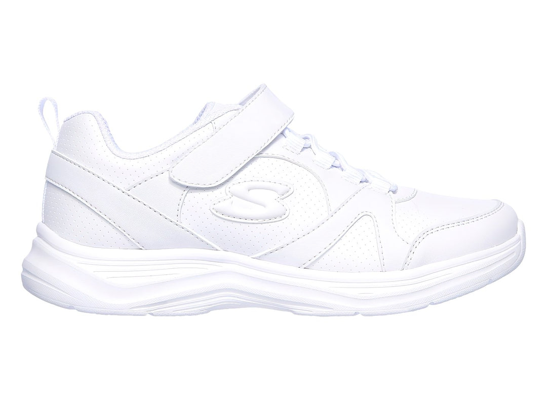 Tenis deportivos blancos para niña de la marca Skechers con cierre de velcro y agujetas.