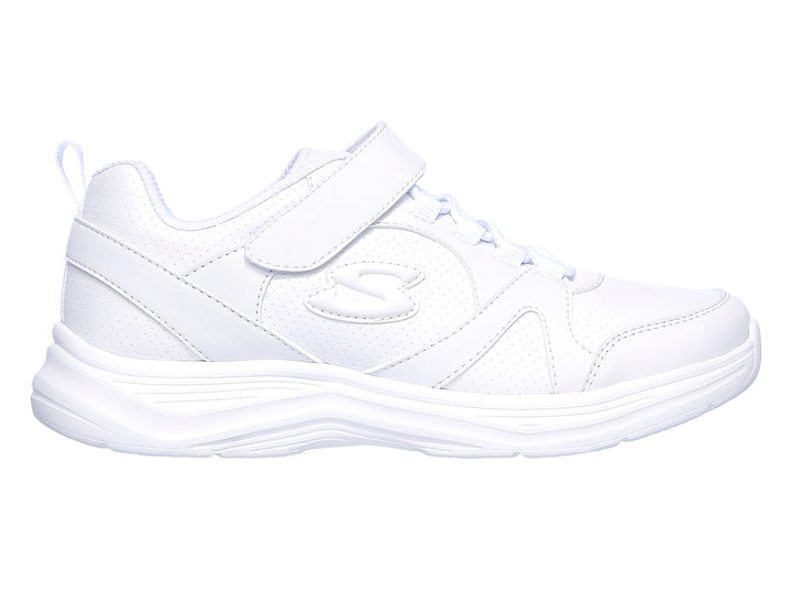 Tenis deportivos blancos para niña de la marca Skechers con cierre de velcro y agujetas.