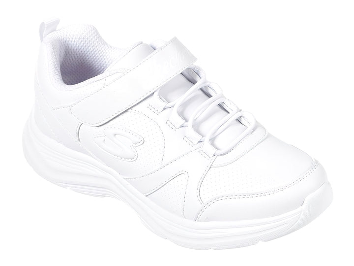 Tenis deportivos blancos para niña de la marca Skechers con cierre de velcro y agujetas.