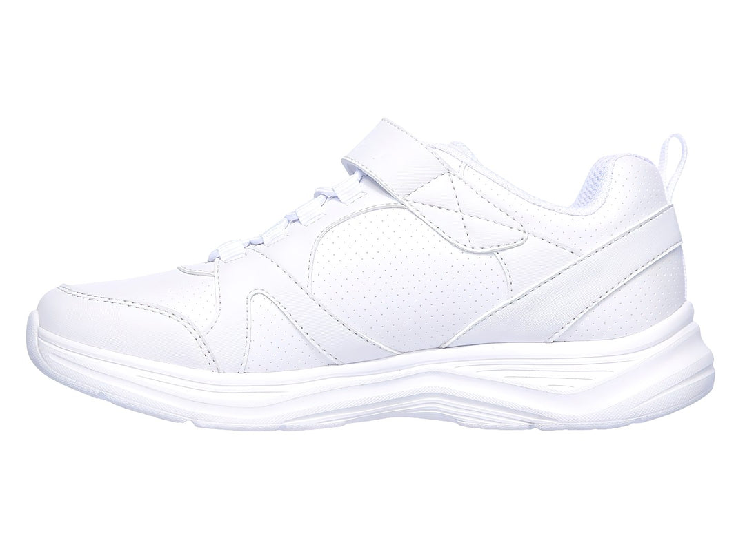 Tenis deportivos blancos para niña de la marca Skechers con cierre de velcro y agujetas.