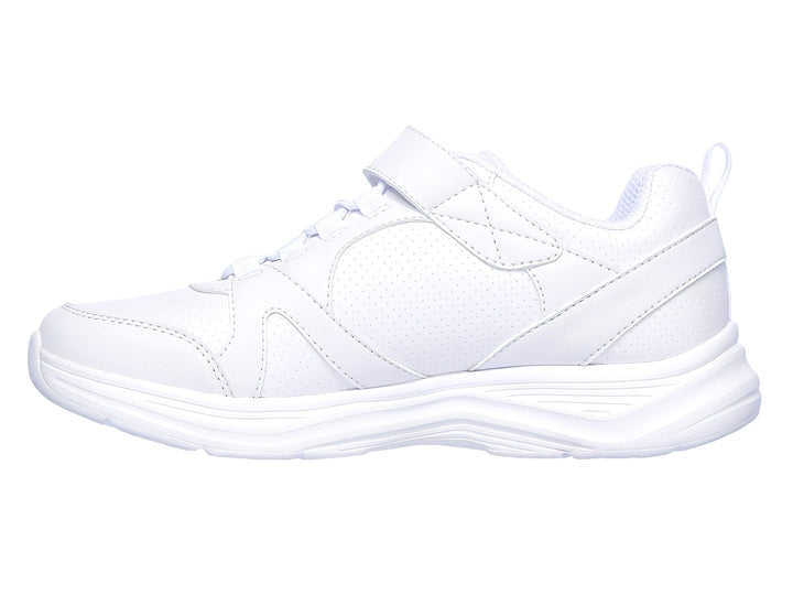 Tenis deportivos blancos para niña de la marca Skechers con cierre de velcro y agujetas.