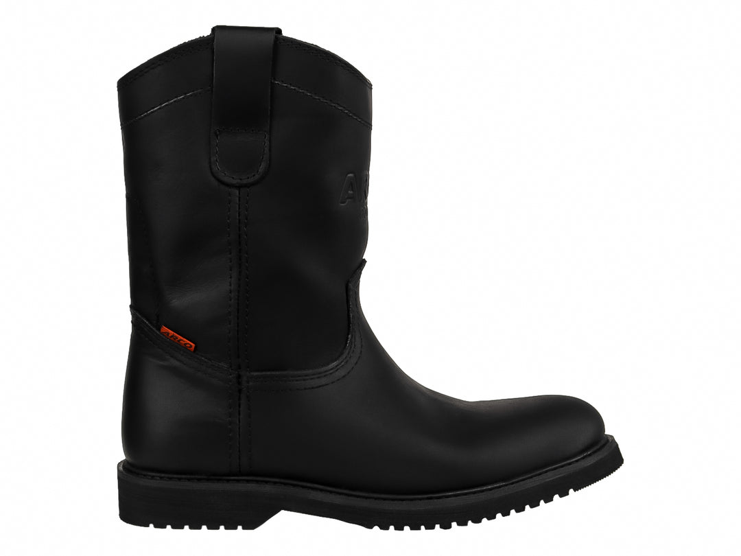 Bota Roper de cuero color negro con suela track y caña alta, marca El Arco Boots.