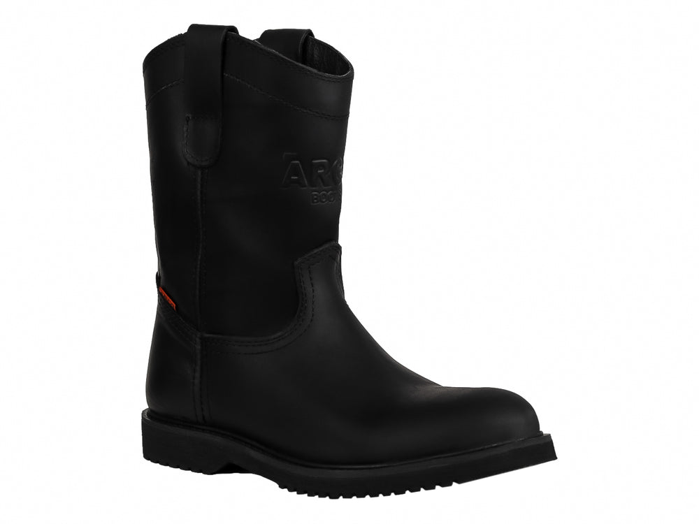 Bota Roper de cuero color negro con suela track y caña alta, marca El Arco Boots.