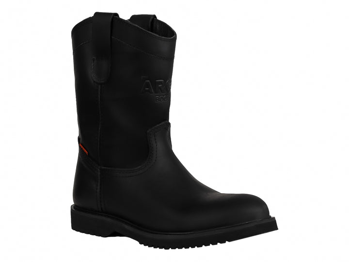 Bota Roper de cuero color negro con suela track y caña alta, marca El Arco Boots.