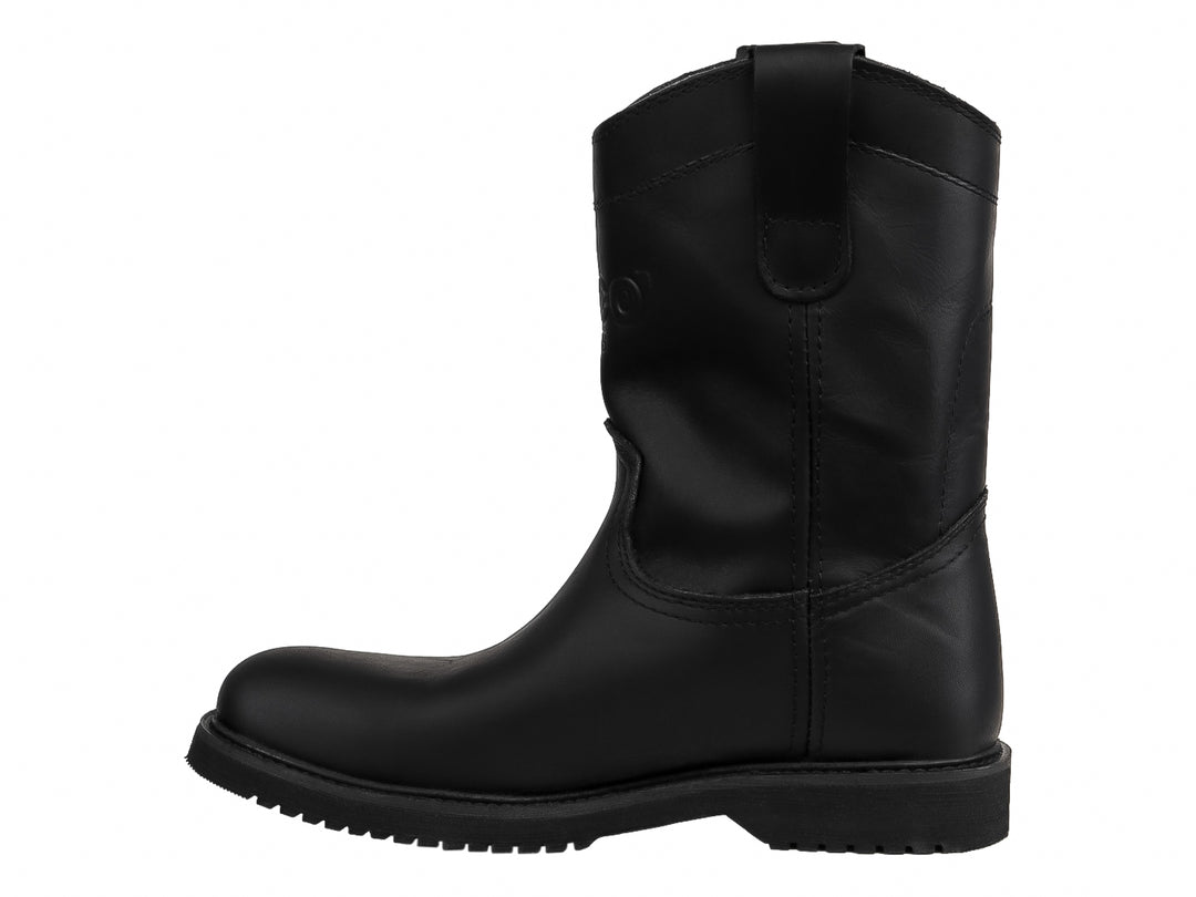 Bota Roper de cuero color negro con suela track y caña alta, marca El Arco Boots.