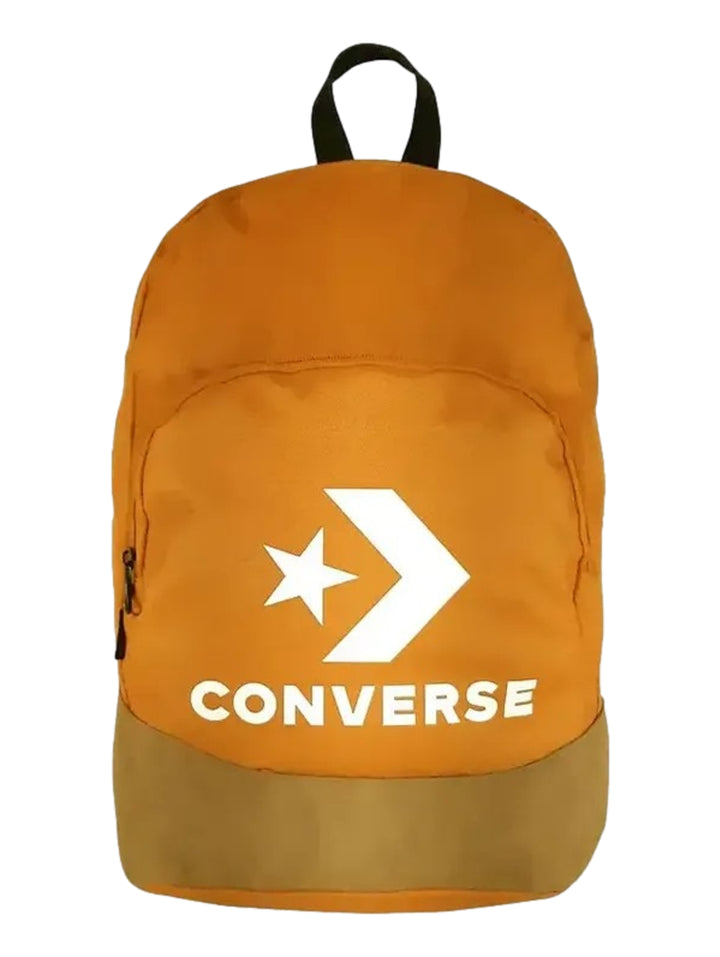 Mochila escolar Converse juvenil color naranja y café con logotipo blanco frontal.