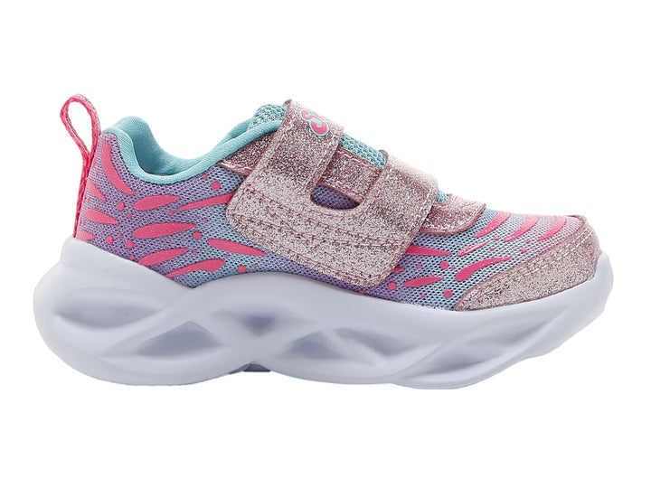 Tenis deportivos para niña en color rosa y turquesa con suela blanca y correas de velcro brillantes.