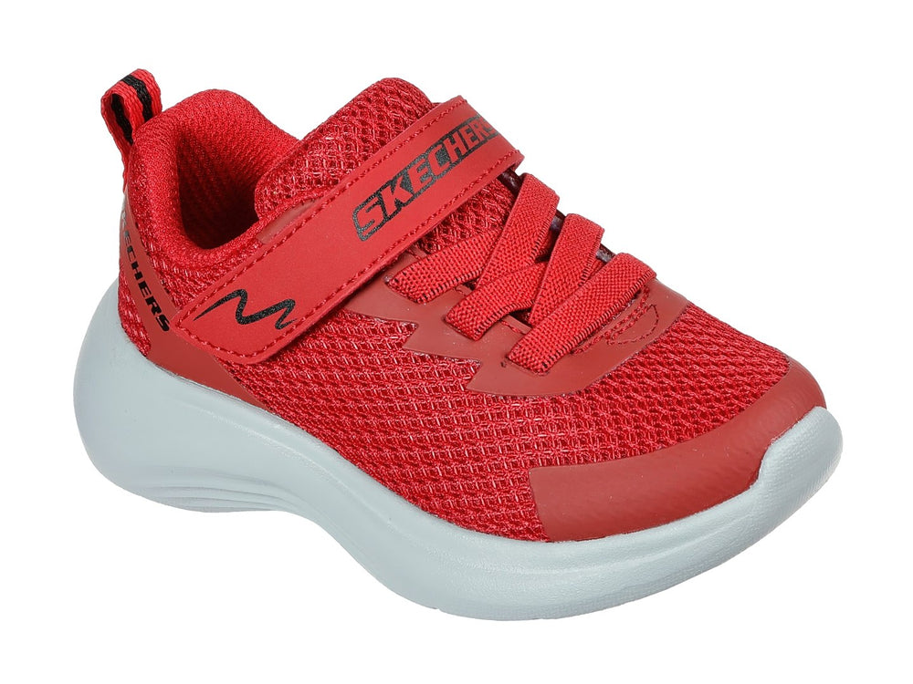 Tenis deportivos Skechers para Niño en color rojo con suela blanca y cierre de velcro.