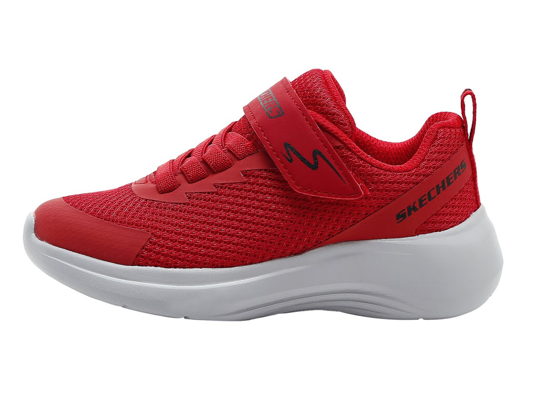 Tenis deportivos Skechers para Niño en color rojo con suela blanca y cierre de velcro.