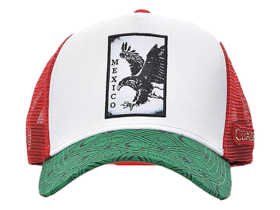 Gorra tricolor blanca, roja y verde con estampado de águila y texto México en el frente.
