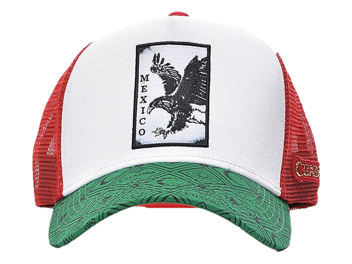 Gorra tricolor blanca, roja y verde con estampado de águila y texto México en el frente.