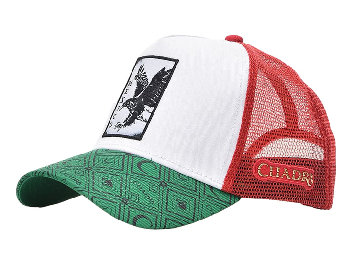 Gorra tricolor blanca, roja y verde con estampado de águila y texto México en el frente.