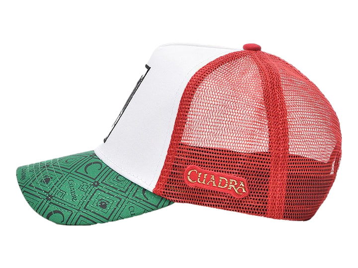 Gorra tricolor blanca, roja y verde con estampado de águila y texto México en el frente.