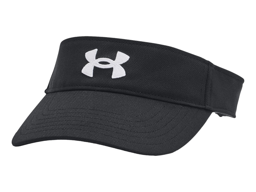 Visera deportiva Under Armour de color negro con logotipo blanco frontal.