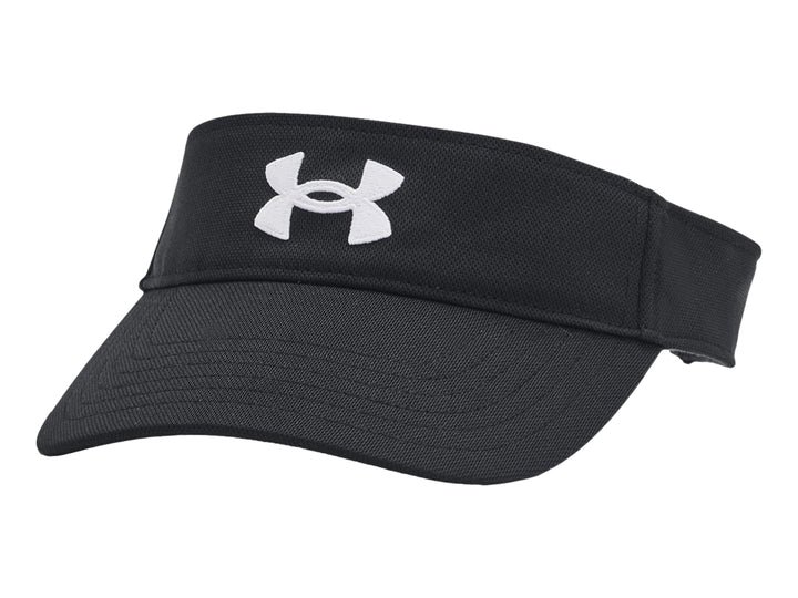 Visera deportiva Under Armour de color negro con logotipo blanco frontal.