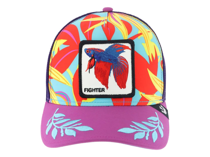 Gorra multicolor Goorin Bros con visera púrpura y parche frontal de pez Betta.
